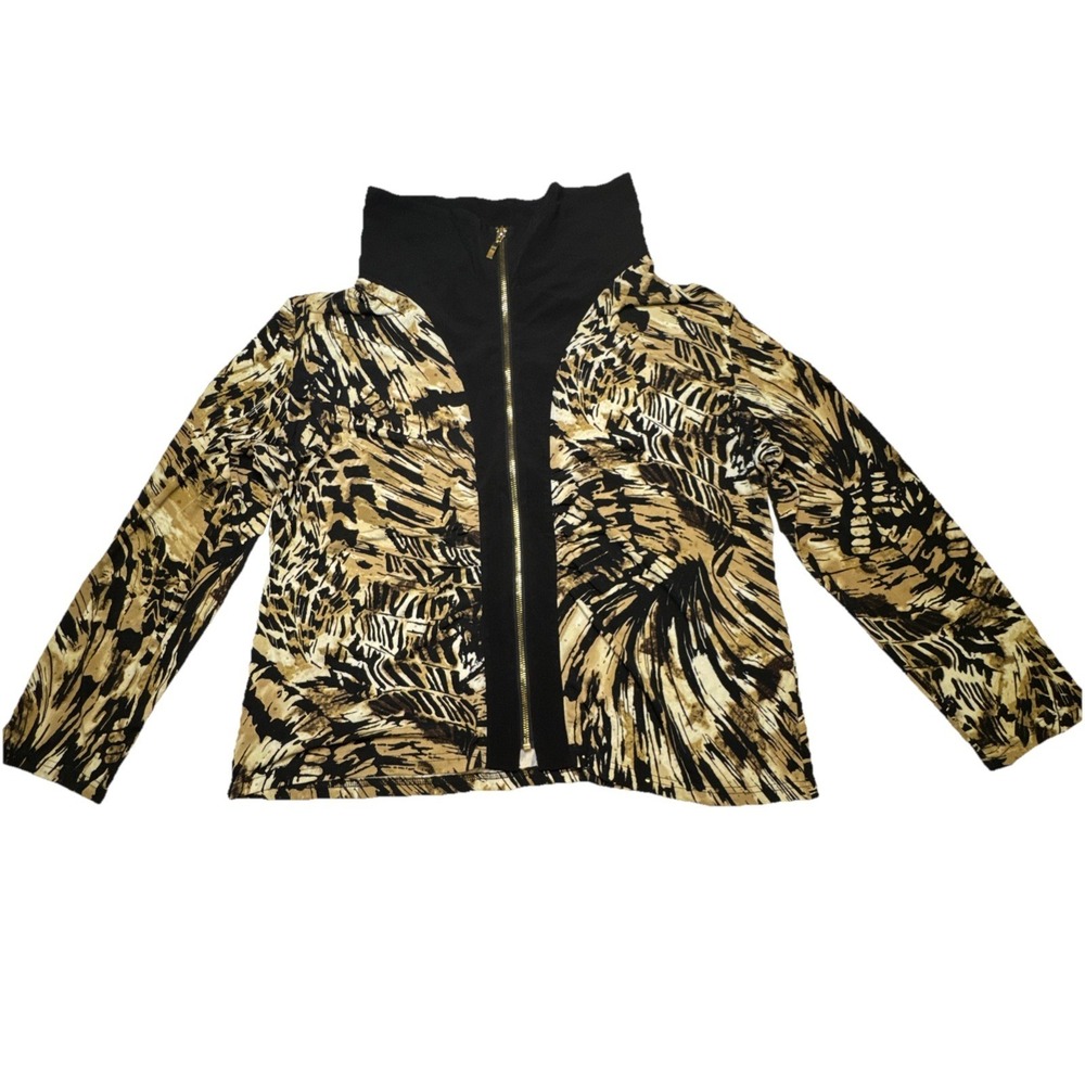 Jacket Full Zip Abstract‎ Print Tan Black JM Collection Mock Neck Stretch
